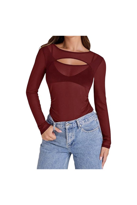 Solid Color Women Mesh Long Sleeve Crew Neck Tops Hollow Front Side Ruched Sheer Blouse Asymmetrical Hem Party Clubwear Shirts Classic Women Tops Dressy Casual