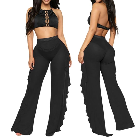 OSOLU Solid Color Women Mesh Ruffle Trim Cover Up Pants Beach Cover Up Wrap Bikini Shiny Wraps Cover Ups For Swimwear Pants Trousers Everyday Comfort Versatile Bottoms