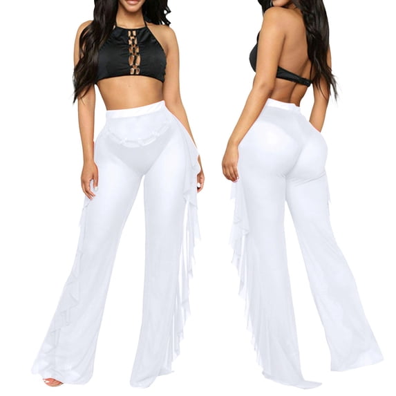 OSOLU Solid Color Women Mesh Ruffle Trim Cover Up Pants Beach Cover Up Wrap Bikini Shiny Wraps Cover Ups For Swimwear Pants Trousers Fashionable Classic Leisure Bottoms