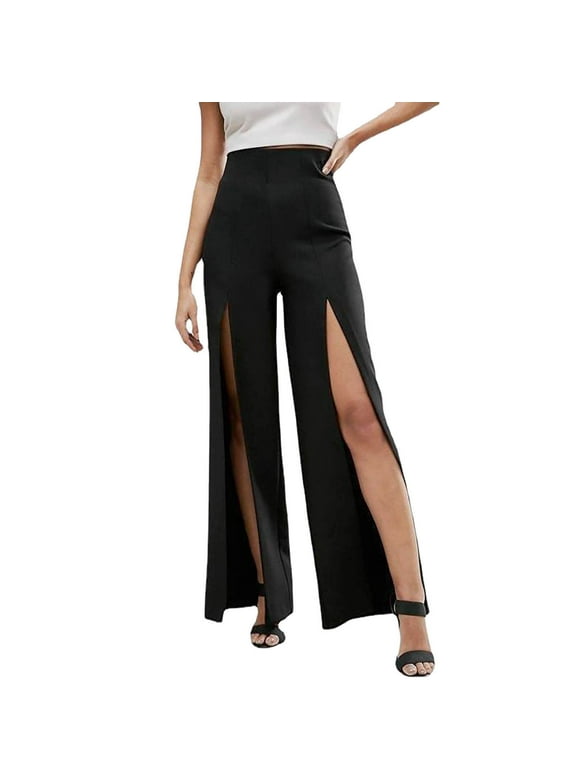 OSOLU Solid Color Women New Front Slit Wide Leg Pants Elastic Flare Pants Sexy Cool Beach Pants Casual Pants Trousers Everyday Comfort Versatile Bottoms