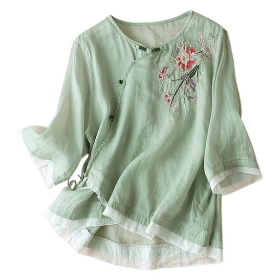 OSOLU Solid Color Women Placket Short Sleeve Flax Buckle Design Embroidered 3/4 Sleeve Ethnic Style Tops T-Shirt Tee Comfort Dailywear