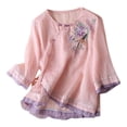 thumbnail image 1 of OSOLU Solid Color Women Placket Short Sleeve Flax Buckle Design Embroidered 3/4 Sleeve Ethnic Style Tops T-Shirt Tee Fashionable Dailywear, 1 of 3