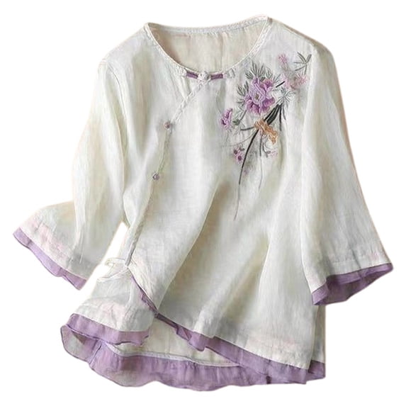 OSOLU Solid Color Women Placket Short Sleeve Flax Buckle Design Embroidered 3/4 Sleeve Ethnic Style Tops T-Shirt Tee Soft Dailywear