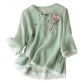 thumbnail image 1 of OSOLU Solid Color Women Placket Short Sleeve Flax Buckle Design Embroidered 3/4 Sleeve Ethnic Style Tops T-Shirt Tee Soft Dailywear, 1 of 3
