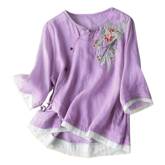OSOLU Solid Color Women Placket Short Sleeve Flax Buckle Design Embroidered 3/4 Sleeve Ethnic Style Tops T-Shirt Tee Stylish Dailywear