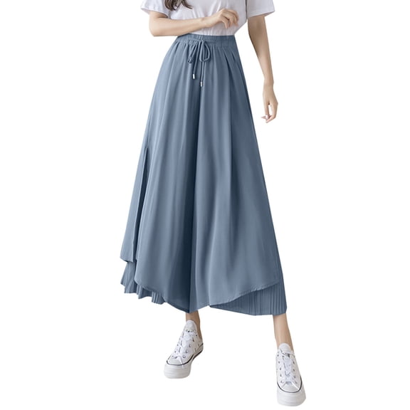 OSOLU Solid Color Women Pleated Chiffon Wide Leg Pants Fashion High Waist Drape Ankle Length Skirt Pants Trousers Daily Relaxed Fit Breathable Bottoms