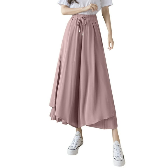 OSOLU Solid Color Women Pleated Chiffon Wide Leg Pants Fashion High Waist Drape Ankle Length Skirt Pants Trousers Everyday Comfort Versatile Bottoms