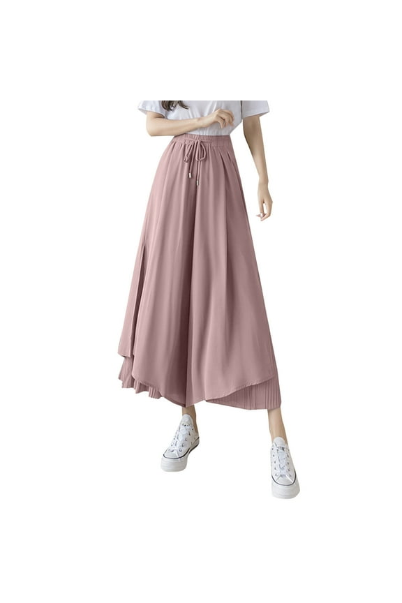 Solid Color Women Pleated Chiffon Wide Leg Pants Fashion High Waist Drape Ankle Length Skirt Pants Trousers Everyday Comfort Versatile Bottoms