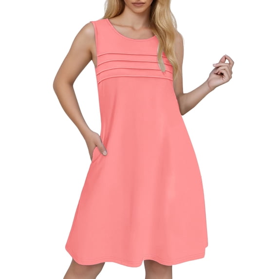 OSOLU Solid Color Women Pleated Front Tank Dresses Fashion Casual Sleeveless Pockets Dress Classic Sundress Flowy Vacation Dress