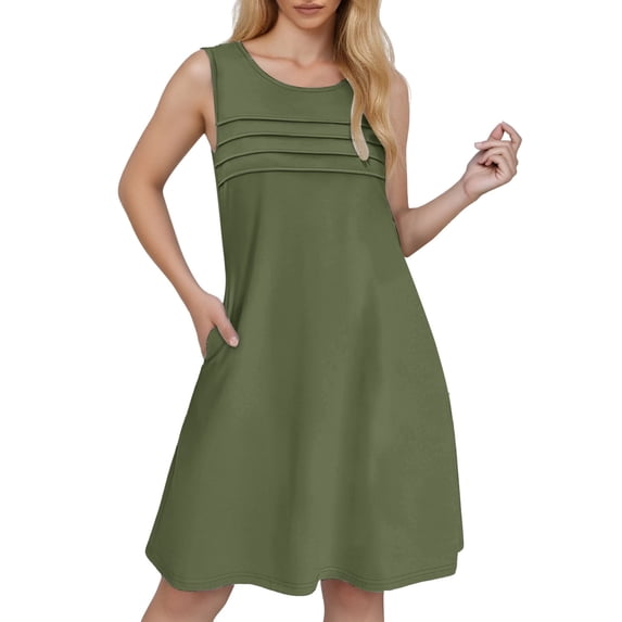 OSOLU Solid Color Women Pleated Front Tank Dresses Fashion Casual Sleeveless Pockets Dress Soft Sundress Vacation 2025 Elegant Classy Dresses