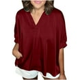 thumbnail image 1 of OSOLU Solid Color Women Plus Size Blouses 3/4 Sleeve Dressy Tunic Tops V-Neck Casual Loose Blouse Pleated Shirts, 1 of 6