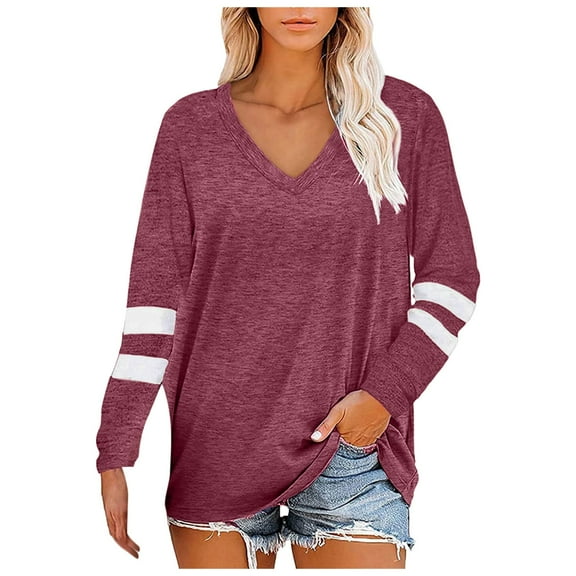 OSOLU Solid Color Women Plus Size Tops V-Neck T-Shirt Tshirts Tee Color Block Long Sleeve Casual Tunic Tops Fashionable Dailywear