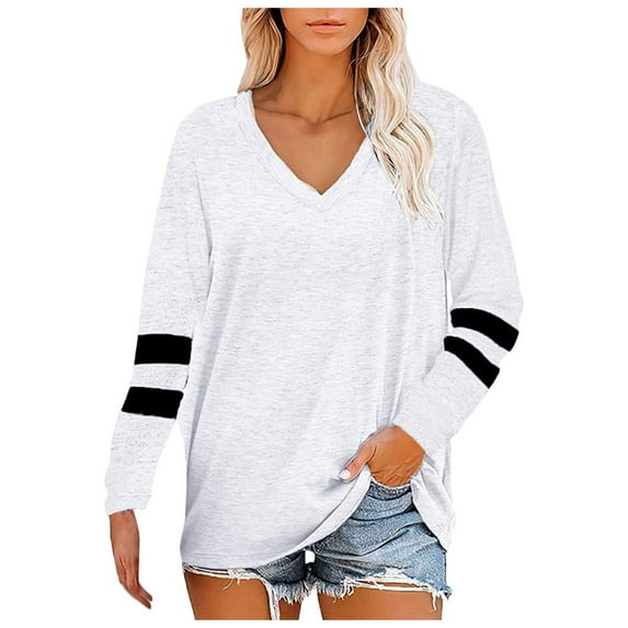 OSOLU Solid Color Women Plus Size Tops V-Neck T-Shirt Tshirts Tee Color Block Long Sleeve Casual Tunic Tops Lovely Dailywear