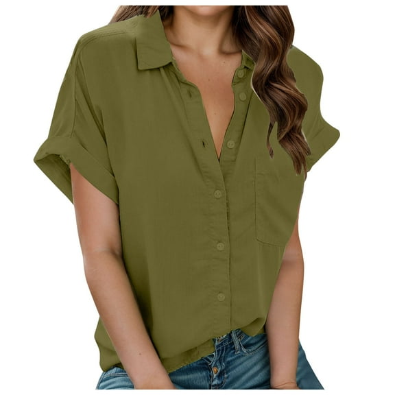 OSOLU Solid Color Women Short Sleeve Lapel Button Shirt Tops Cute Dailywear