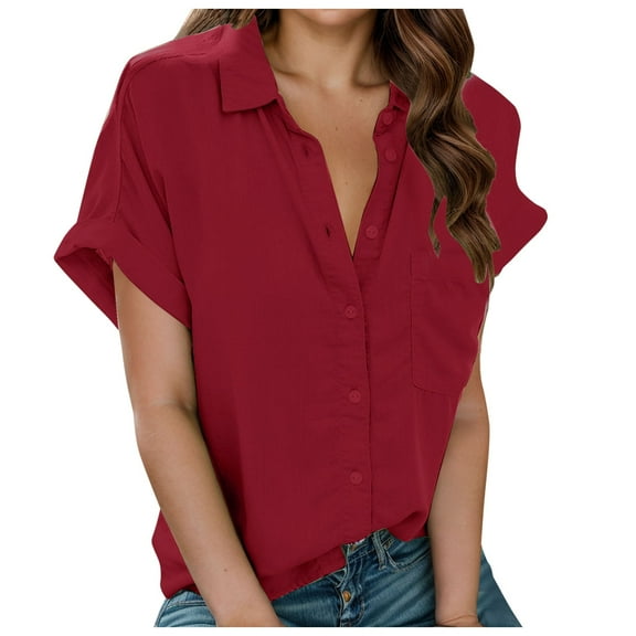 OSOLU Solid Color Women Short Sleeve Lapel Button Shirt Tops Cute Dailywear