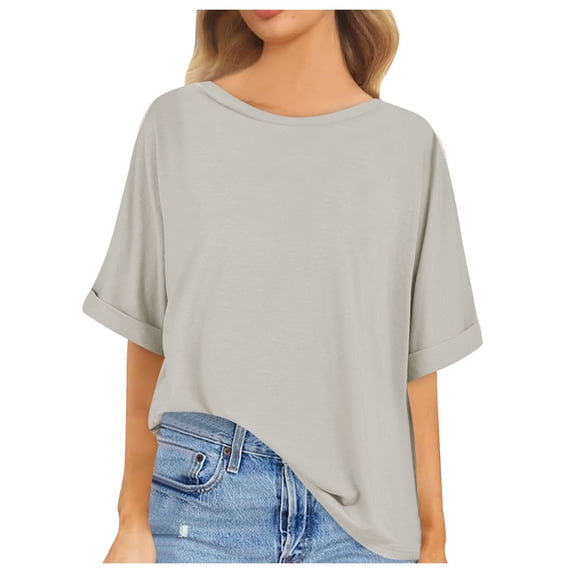 OSOLU Solid Color Women Short Sleeve Oversized Tops Summer Crew Neck Loose Casual Tee T-Shirt Tshirts Tee Casual Cotton T-Shirt Tee Tops Leisure Dailywear