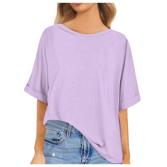 OSOLU Solid Color Women Short Sleeve Oversized Tops Summer Crew Neck Loose Casual Tee T-Shirt Tshirts Tee Casual Cotton T-Shirt Tee Tops Soft Dailywear