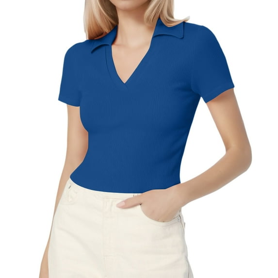 OSOLU Solid Color Women Short Sleeve Shirts V-Neck Summer Tops Casual Work Basic Tees Tops Fashionable Dailywear