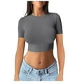 thumbnail image 1 of OSOLU Solid Color Women Short Sleeve Slim Fit Crew Neck Long Sleeve T-Shirt Tshirts Tee Tops Plain Basic Crop Tops Casual Clothes Streetwear Clean Girl Clothes Versatile Dailywear, 1 of 4