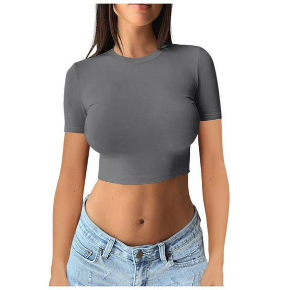 OSOLU Solid Color Women Short Sleeve Slim Fit Crew Neck Long Sleeve T-Shirt Tshirts Tee Tops Plain Basic Crop Tops Casual Clothes Streetwear Clean Girl Clothes Lovely Dailywear