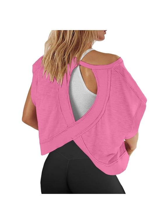 Solid Color Women Short Sleeve Workout Shirts Open Back Tops Casual Yoga Athletic Gym Slouchy Crop Running Tees Trendy Dailywear