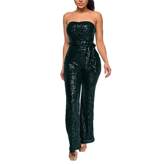 OSOLU Solid Color Women Sleeveless Strapless Sequined Jumpsuit Breathable Dailywear