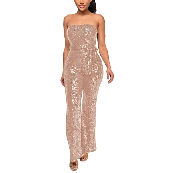 OSOLU Solid Color Women Sleeveless Strapless Sequined Jumpsuit Stylish Dailywear