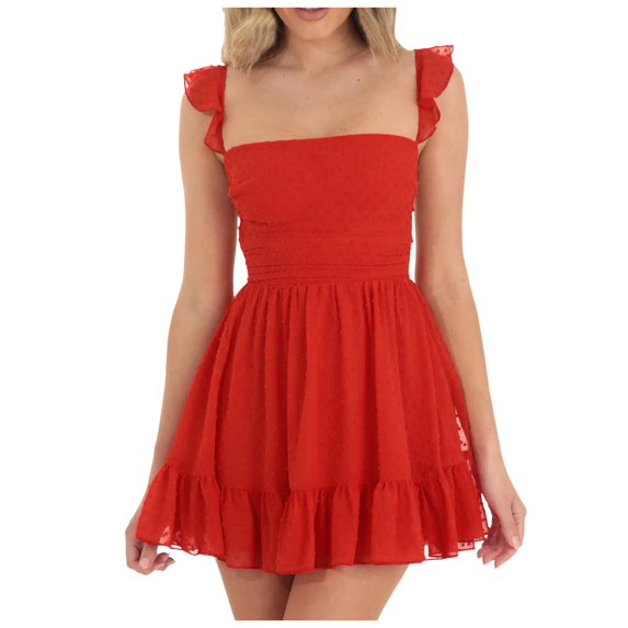 OSOLU Solid Color Women Spaghetti Strap Mini Dress Low Cut Sleeveeless Mini Dress Backless Going Out Ruffle Beach Wear Dress Versatile Sundress Flowy 2025 Elegant Classy Dresses