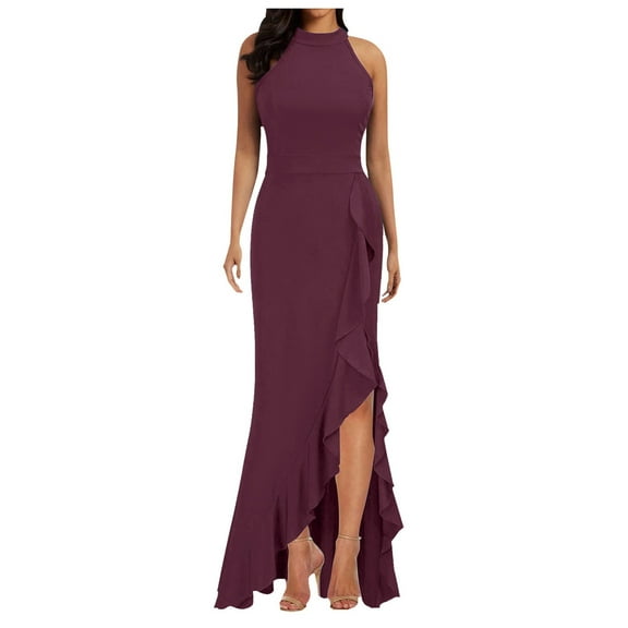 OSOLU Solid Color Women Split Sleeveless Slim Fit Ruffle Long Dress Evening Dress Versatile Sundress Flowy 2025 Elegant Classy Dresses