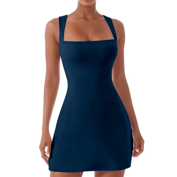 OSOLU Solid Color Women Square Neck Bodice Dress Sleeveless Tank Tops Stretch Flare Mini Dresses