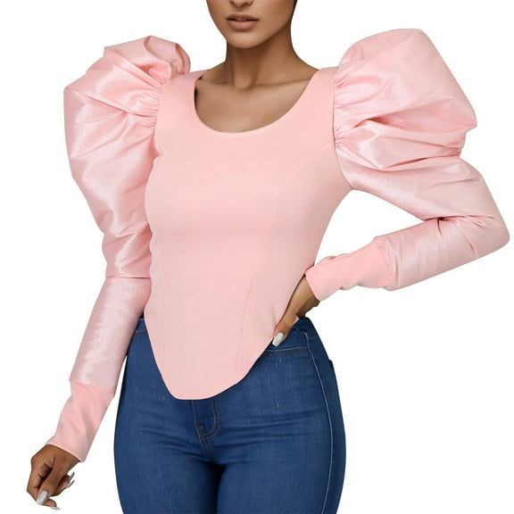 OSOLU Solid Color Women Stylish Unique Slim Fit Long Sleeve Bubble Sleeve Undershirt Short Tops Cozy Dailywear