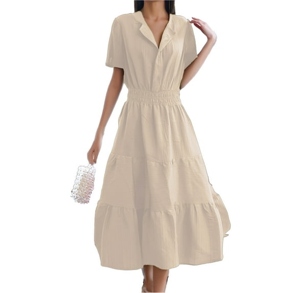 OSOLU Solid Color Women Summer 2025 Casual Midi Maxi Dresses Lightweight Short Sleeve V-Neck Elastic Waist Boho Beach Dress Pockets Cozy Sundress Wedding Guest Dress