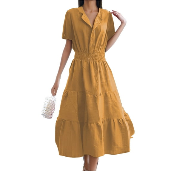 OSOLU Solid Color Women Summer 2025 Casual Midi Maxi Dresses Lightweight Short Sleeve V-Neck Elastic Waist Boho Beach Dress Pockets Versatile Sundress Flowy 2025 Elegant Classy Dresses