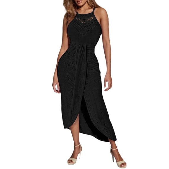 OSOLU Solid Color Women Summer Casual Dress Sleeveless Hollow Out Backless Strap Neck Tie Side Slit Comfortable Breathable Flowy Party Daily Wear Soft Sundress Vacation 2025 Elegant Classy Dresses