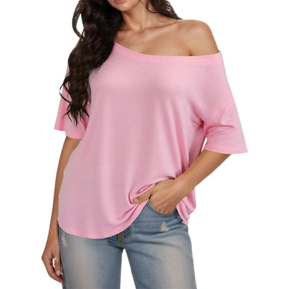 OSOLU Solid Color Women Summer Casual Off Shoulder T-Shirt Short Sleeve Tshirts Tee Fashionable Loose Fit Tops Classic Dailywear