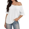 thumbnail image 1 of OSOLU Solid Color Women Summer Casual Off Shoulder T-Shirt Short Sleeve Tshirts Tee Fashionable Loose Fit Tops Cute Dailywear, 1 of 6
