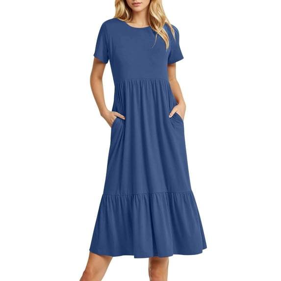 OSOLU Solid Color Women Summer Casual Short Sleeve O-Neck Swaying Flowing Layered Shirt Extra Long Beach Long Dress 2025 Fashion Dresses Birthday Sundress Dresses For Women 2025 Elegant Classy
