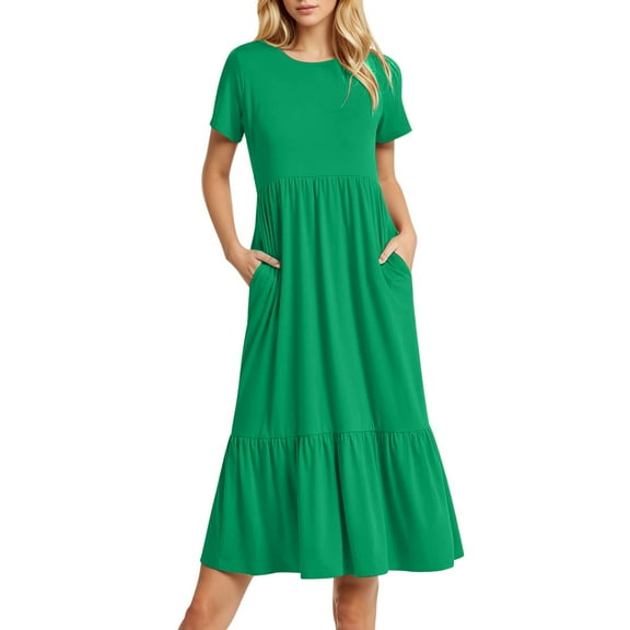 OSOLU Solid Color Women Summer Casual Short Sleeve O-Neck Swaying Flowing Layered Shirt Extra Long Beach Long Dress 2025 Fashion Dresses Comfort Sundress Dresses For Women 2025 Elegant Classy