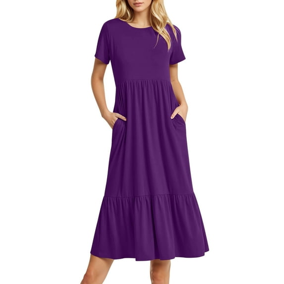 OSOLU Solid Color Women Summer Casual Short Sleeve O-Neck Swaying Flowing Layered Shirt Extra Long Beach Long Dress 2025 Fashion Dresses Relaxed Fit Sundress Wedding Guest Dress