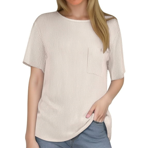OSOLU Solid Color Women Summer Casual Stripe Short Sleeve Pocket T-Shirt Tee Tops Classic Women Tops Dressy Casual