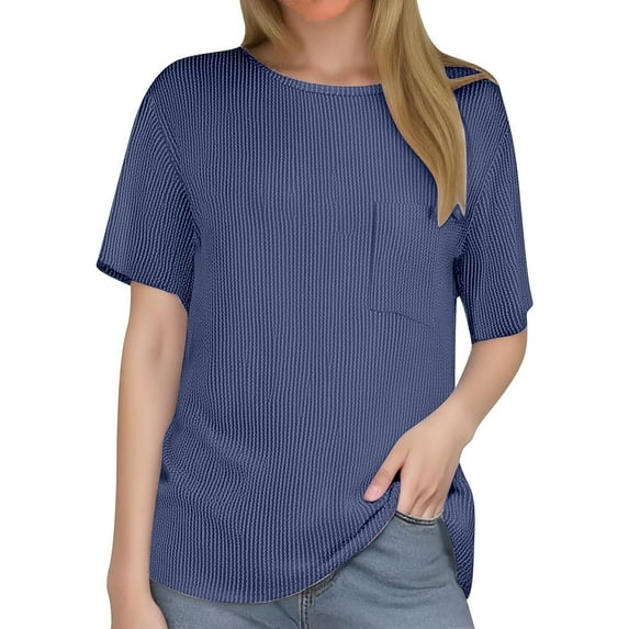 OSOLU Solid Color Women Summer Casual Stripe Short Sleeve Pocket T-Shirt Tee Tops Cozy Dailywear