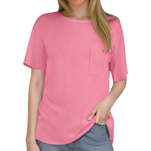 OSOLU Solid Color Women Summer Casual Stripe Short Sleeve Pocket T-Shirt Tee Tops Relaxed Fit Dailywear