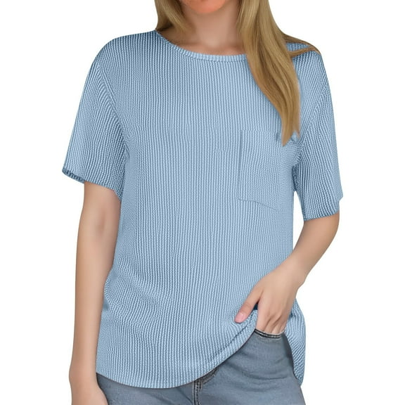 OSOLU Solid Color Women Summer Casual Stripe Short Sleeve Pocket T-Shirt Tee Tops Trendy Dailywear