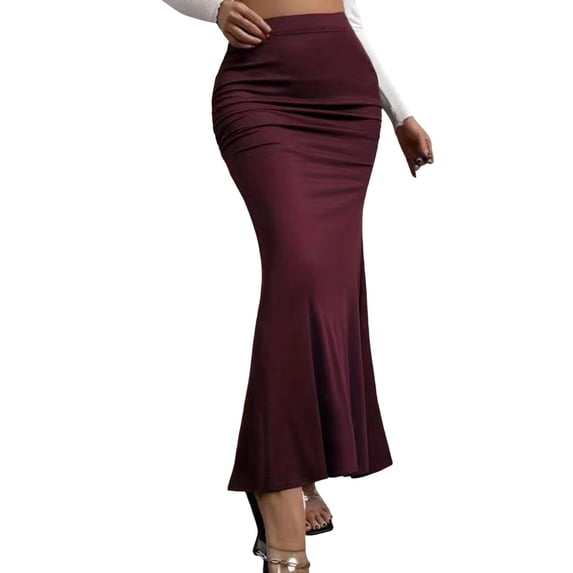 OSOLU Solid Color Women Summer High Waist Slim Elastic Pleated Fishtail Skirt Soft Skirts