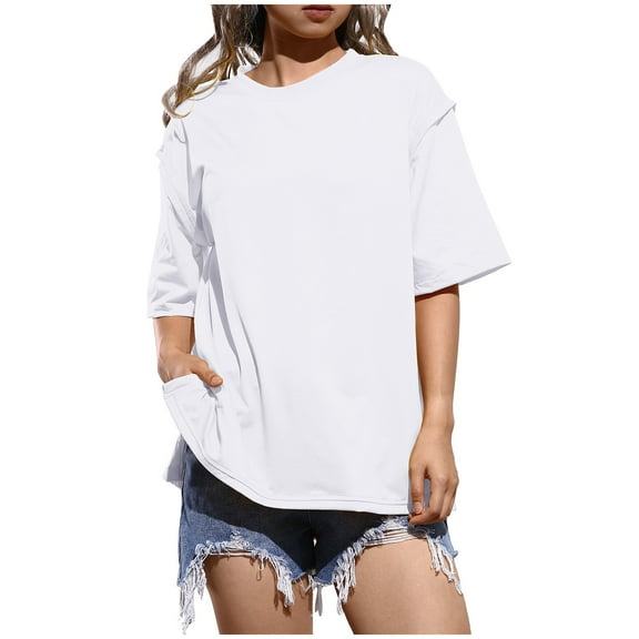 OSOLU Solid Color Women Summer Oversized T-Shirt Tshirts Tee Casual Short Sleeve Loose O-Neck Tops For Everyday Wear Classic Women Tops Dressy Casual