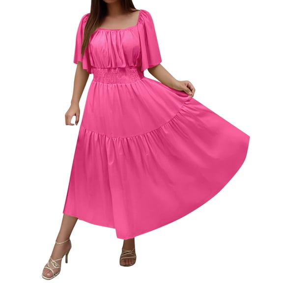 OSOLU Solid Color Women Summer Short Sleeve Square Neck Pleated Waist Casual Vacation Layered Elegant Long Skirt Boho Skirts
