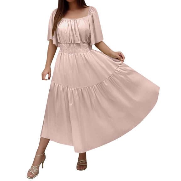 OSOLU Solid Color Women Summer Short Sleeve Square Neck Pleated Waist Casual Vacation Layered Elegant Long Skirt Versatile Skirts