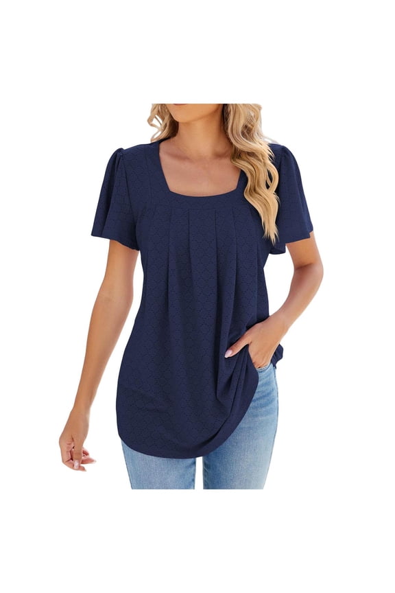 Solid Color Women Summer T-Shirt Tshirts Tee Square Neck Hollow Pleated Loose Tops Fashionable Dailywear