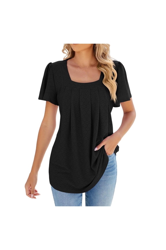 Solid Color Women Summer T-Shirt Tshirts Tee Square Neck Hollow Pleated Loose Tops Soft Dailywear