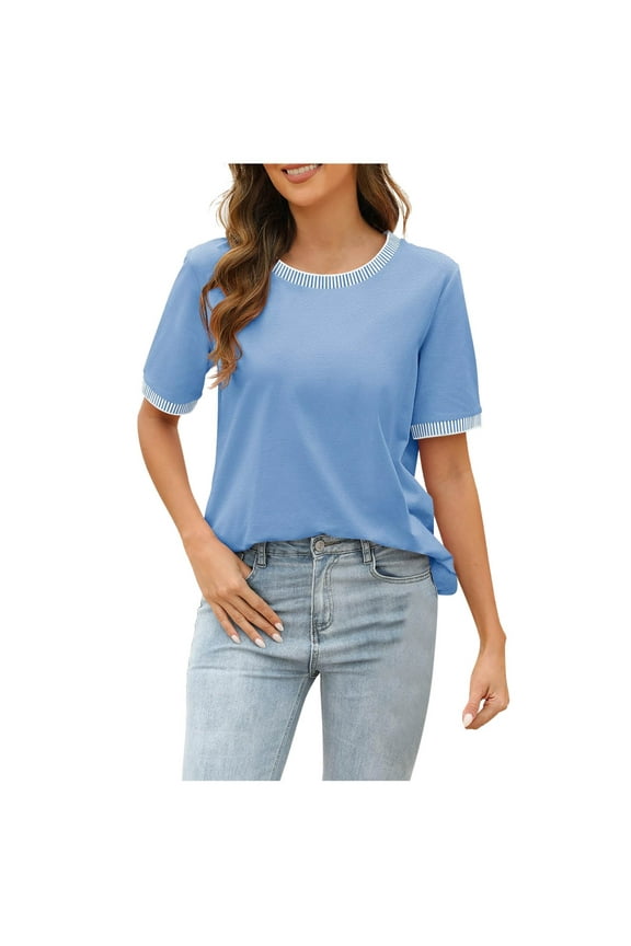 Solid Color Women Summer Tops Short Sleeve Striped Color Block Shirts O-Neck Loose Casual Tee Tops Lovely Dailywear